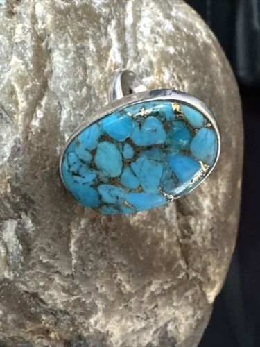 Navajo Blue Mojave Turquoise Ring | Sterling Silver | Adjustable Sz 7 | Authentic Native American Handmade | 15715