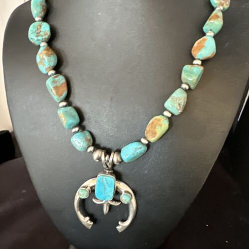 Navajo Blue Turquoise Naja Pendant Necklace | Sterling Silver | Authentic Native American Handmade | 15205