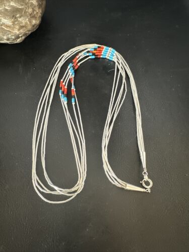 Multi-Color Liquid Silver Heishi Necklace | 5-Strand Sterling Tubes | 25" | Authentic Native American Handmade | 15136