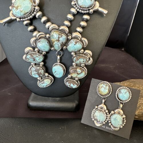 Navajo Blue Golden Hills Turquoise Squash Blossom Necklace & Earrings | Sterling Silver | 17211