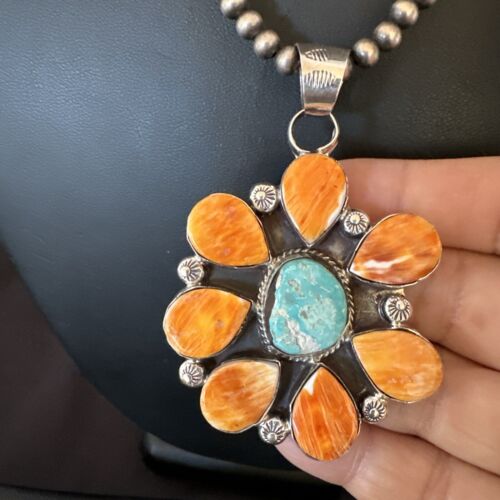 Navajo Blue Turquoise | Spiny Oyster Pendant Necklace | Sterling Silver | Multi-Stone | 16861