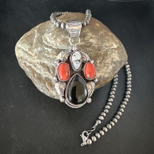 Navajo White Buffalo Coral Onyx Pearls Cluster Pendant | Sterling Silver | Native American Handmade | 15369