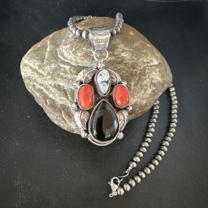 Navajo White Buffalo Coral Onyx Pearls Cluster Pendant | Sterling Silver | Native American Handmade | 15369