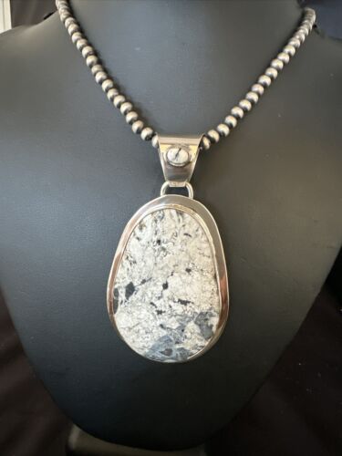 Navajo White Buffalo Turquoise Pendant Necklace | Sterling Silver | Authentic Native American Handmade | 14991