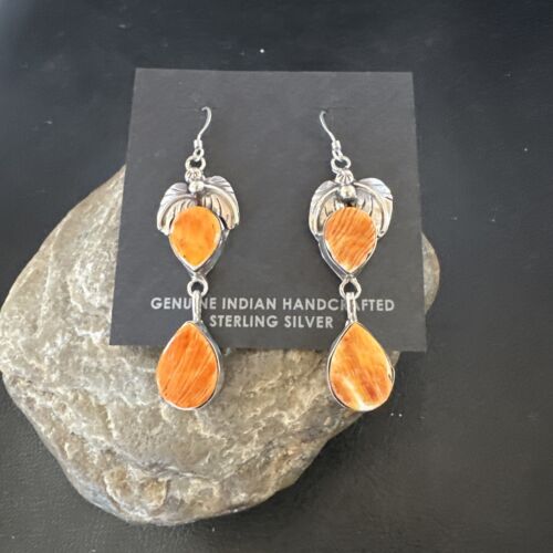 Navajo Orange Spiny Oyster Dangle Earrings | Sterling Silver | 1.5" | Authentic Native American Handmade | 16570
