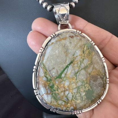 Navajo Sterling Silver Green Boulder Turquoise Necklace Pendant for Men | XL | Authentic Native American | 16365