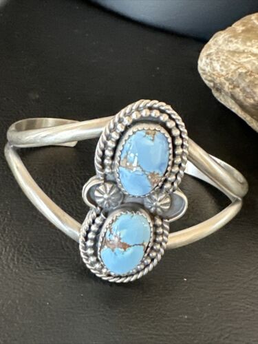 Navajo Blue Golden Hills Turquoise Cuff Bracelet | Sterling Silver | Authentic Native American Handmade | 16429