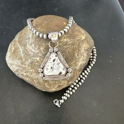 White Buffalo Turquoise Pendant | Navajo Pearls | Sterling Silver Necklace 21" | 17110