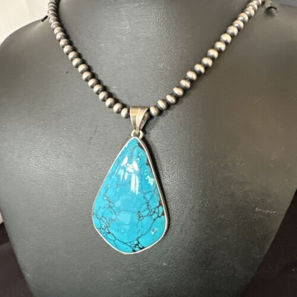 Men's Navajo Blue Spiderweb Turquoise Pendant Necklace | Sterling Silver | Authentic Native American Handmade | 16207