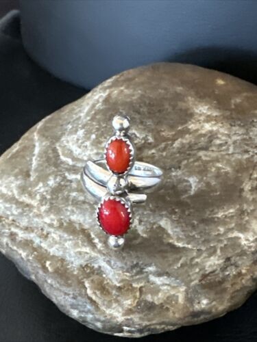 Navajo Red Coral and Multi-Stone Adjustable Ring | Authentic Native American Sterling Silver | Sz 6.5 | 15335