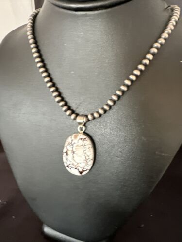 Navajo Wild Horse Turquoise Pendant Necklace | Sterling Silver Pearls | Authentic Native American Handmade | 15716