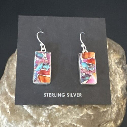 Navajo Blue Turquoise & Red Spiny Oyster Inlay Dangle Earrings | Sterling Silver | Native American Handmade | 15576