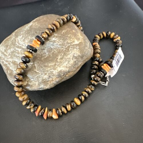Navajo Tigers Eye Coral Necklace | Sterling Silver | 18" | Authentic Native American Handmade | 13312