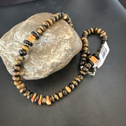 Navajo Tigers Eye Coral Necklace | Sterling Silver | 18" | Authentic Native American Handmade | 13312
