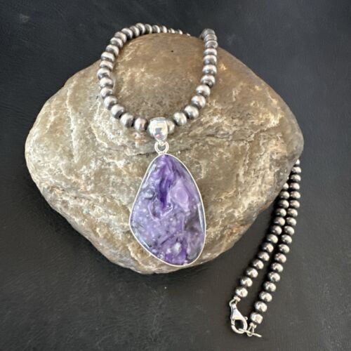 Navajo Purple Charoite Pendant with Pearls | Sterling Silver Necklace | Authentic Native American Handmade | 17312