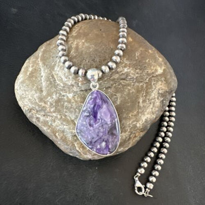 Navajo Purple Charoite Pendant with Pearls | Sterling Silver Necklace | Authentic Native American Handmade | 17312