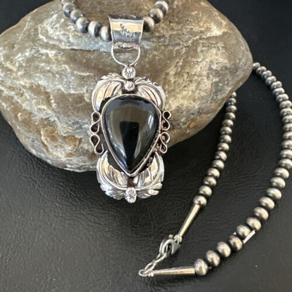 Native American Men's Pendant | Navajo Pearls | Sterling Silver Black Onyx Necklace | 16129