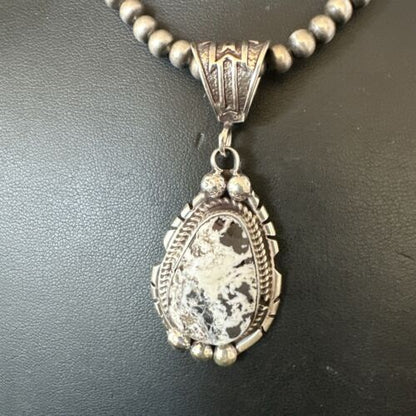 Navajo White Buffalo Turquoise Pendant Necklace | Sterling Silver | Authentic Native American Handmade | 17516