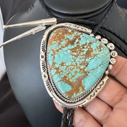XL Men's Blue Turquoise #8 Bolo Tie | Navajo Sterling Silver | Authentic Native American Handmade | 17005