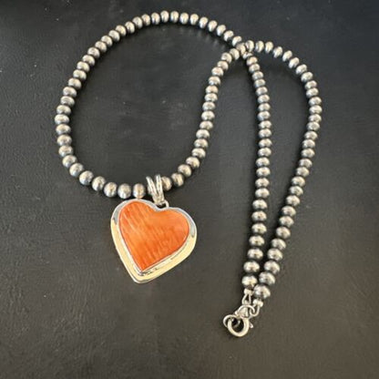 Navajo Orange Heart Spiny Oyster Pendant | Sterling Silver Necklace | Authentic Native American Handmade | 15014