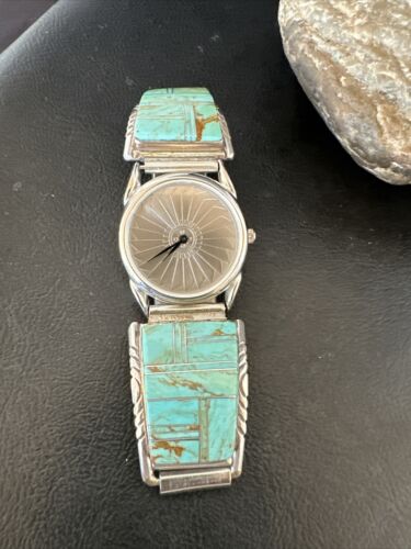 Navajo Men's Blue Turquoise Inlay Watch Tips Band | Sterling Silver | Multi-Stone | 17588