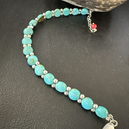 Women's Blue Turquoise Bead Bracelet | Southwestern Sterling Silver Link | 8" | 17498