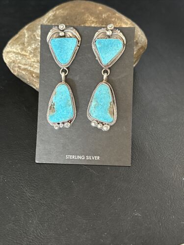 Kingman Turquoise Dangle Earrings | Navajo Handmade | Sterling Silver | Authentic Native American | 14877