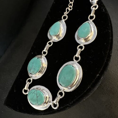 Navajo Blue Turquoise Link Bracelet | Sterling Silver | 8" | Authentic Native American Handmade | 15478