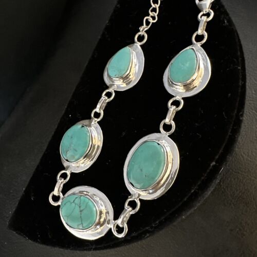 Navajo Blue Turquoise Link Bracelet | Sterling Silver | 8" | Authentic Native American Handmade | 15478