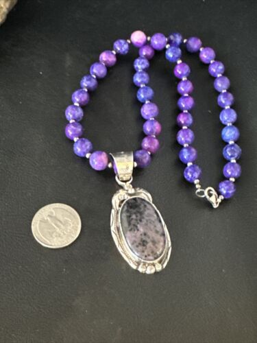 Navajo Purple Sugilite Pendant Necklace | Sterling Silver Pearls | Authentic Native American Handmade | 14874