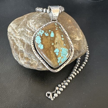 Navajo Blue Turquoise #8 Pendant | Sterling Silver Necklace with Pearls | Authentic Native American Handmade | 16349