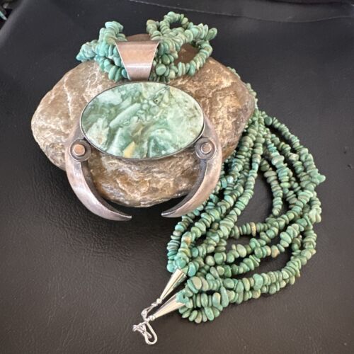 Navajo Green Turquoise Chrysoprase Naja Pendant Necklace | Sterling Silver | Authentic Native American Handmade | 16064