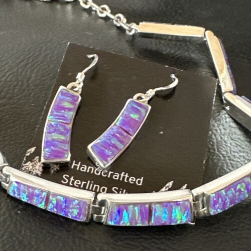 Navajo Purple Opal Inlay Choker Necklace & Earrings Set | Sterling Silver | Authentic Native American Handmade | 16260