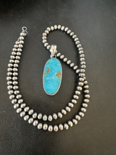 Navajo Blue Kingman Turquoise Pendant Necklace | Sterling Silver | 20" | Authentic Native American Handmade | 16686
