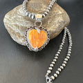 Navajo Orange Spiny Oyster Heart Pendant Necklace | Sterling Silver | Authentic Native American Handmade | 16295