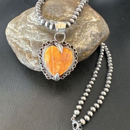 Navajo Orange Spiny Oyster Heart Pendant Necklace | Sterling Silver | Authentic Native American Handmade | 16295