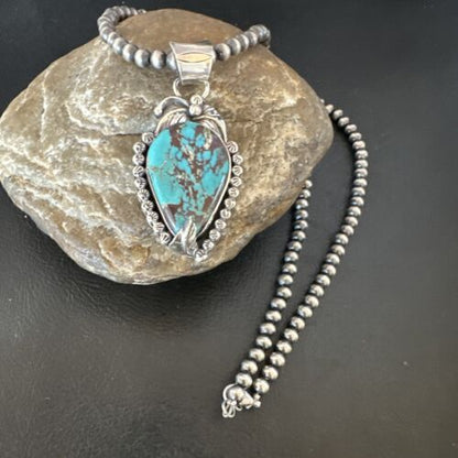 Navajo Blue Turquoise Pendant Necklace | Sterling Silver Pearls | Authentic Native American Handmade | 15642