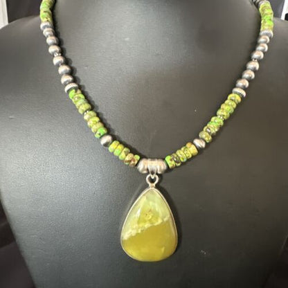 Navajo Green Turquoise Pendant Necklace | Sterling Silver | Authentic Native American Handmade | 16916