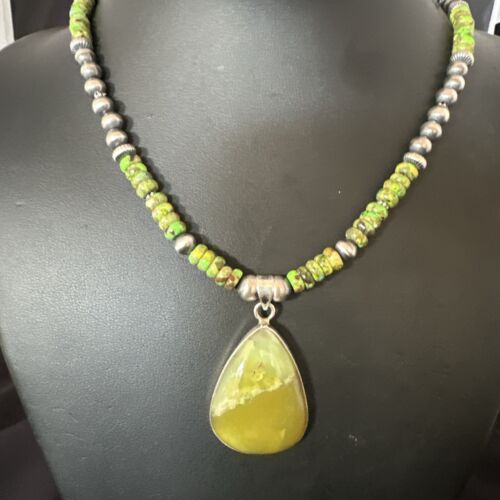 Navajo Green Turquoise Pendant Necklace | Sterling Silver | Authentic Native American Handmade | 16916