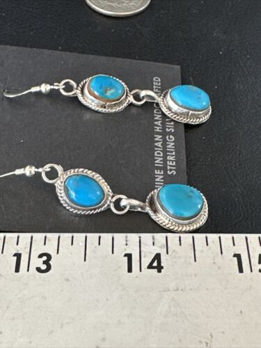 Kingman Turquoise Dangle Earrings | Navajo Handmade | Sterling Silver | Authentic Native American | 14864