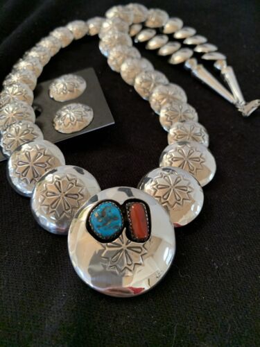 Navajo Coral Turquoise Necklace | Graduated Sterling Silver Pillow Stamped | 15635
