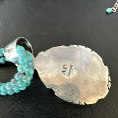 Navajo Blue Turquoise Pendant | Sterling Silver 3-Strand Bead Necklace | 17" | Authentic Native American Handmade | 15998