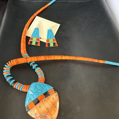Native American Spiny Oyster Blue Turquoise Shell Pendant Necklace | Santo Domingo | 22" | 15231