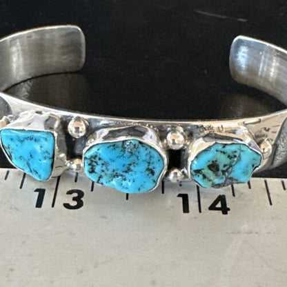 Navajo Blue Kingman Turquoise 3 Stone Cuff Bracelet | Sterling Silver | Authentic Native American Handmade | 15044