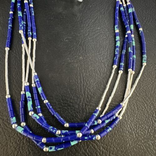 Navajo Blue Green Azurite 5-Strand Necklace | Sterling Silver | 20" | Authentic Native American Handmade | 15134