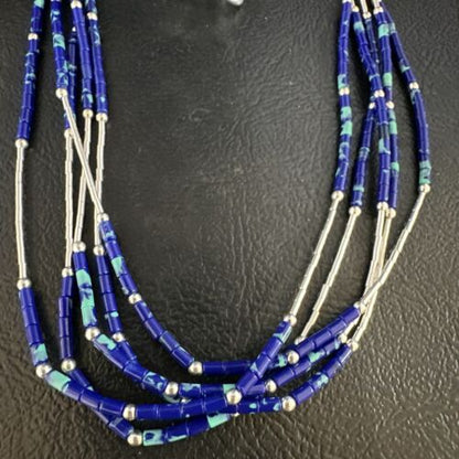 Navajo Blue Green Azurite 5-Strand Necklace | Sterling Silver | 20" | Authentic Native American Handmade | 15134