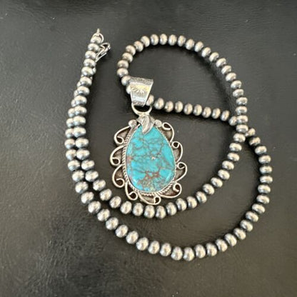 Men's Blue Kingman Turquoise Pendant Necklace | Navajo Pearls | Sterling Silver | 16017