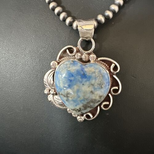 Men's Blue Heart Denim Lapis Pendant | Navajo Pearls Sterling Silver Necklace 21" | 15523