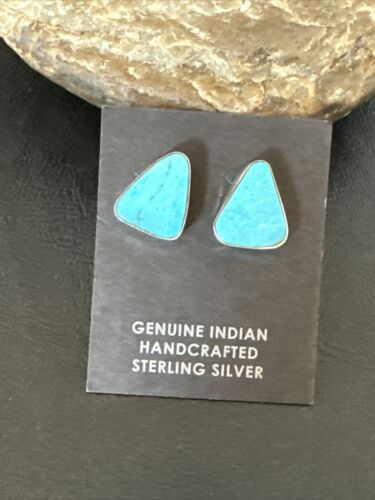 Navajo Blue Kingman Turquoise Post Stud Earrings | Sterling Silver | Authentic Native American Handmade | 17471