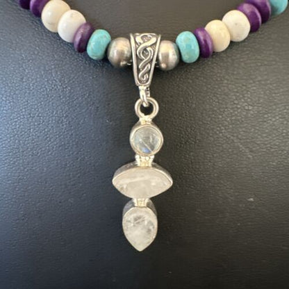 Navajo White Mother of Pearl, Turquoise, Sugilite Pendant Necklace | Sterling Silver | 16851